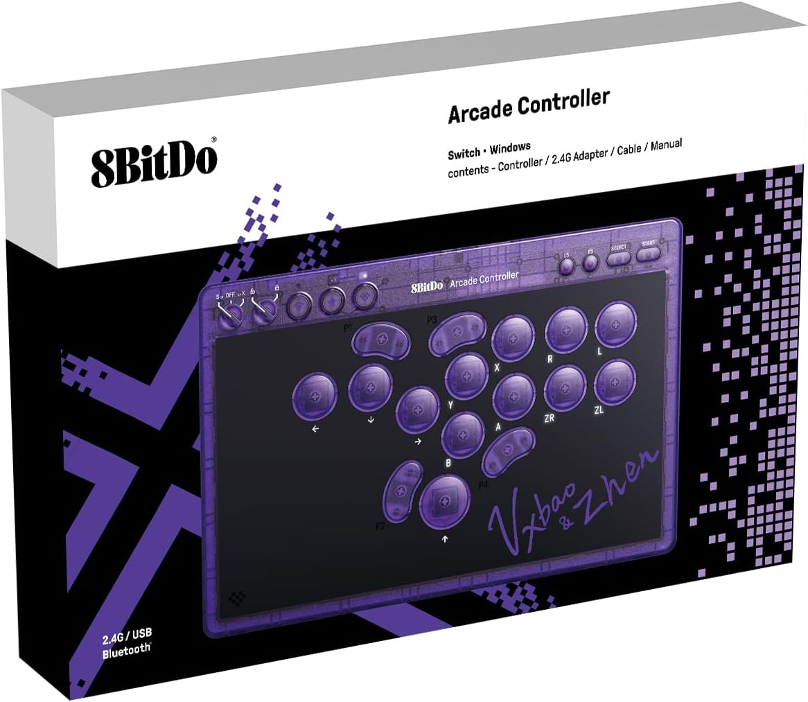 8Bitdo Arcade Controller Purple Edition Bluetooth/2.4G/USB compatible Switch 1 et 2, Windows